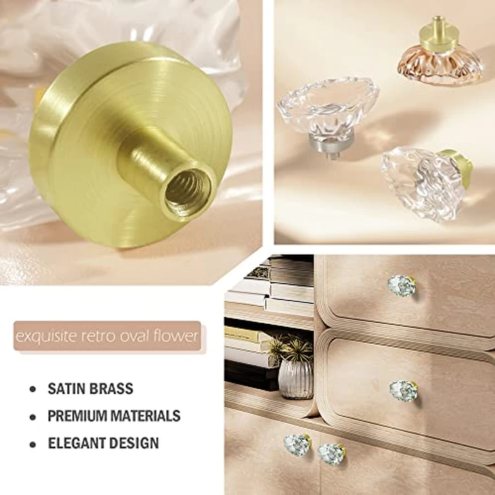 SHINY HANDLES Satin Brass Cabinet Knobs and Pulls, Gold Cabinet Hardware for Dresser, Clear Glass Crystal Drawer Hardware (Oval, 16 Pack) by SHINY HANDLES - Image 6