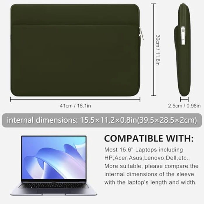 HEDUGO Laptop Sleeve Bag Compatible with 15.6 inches HP Acer Asus Lenovo Notebook with Zipper Accessory Pocket Padded Computer Pouch Cover Shockproof Protective for 15.6” Laptop,Army Green by HEDUGO - Image 2