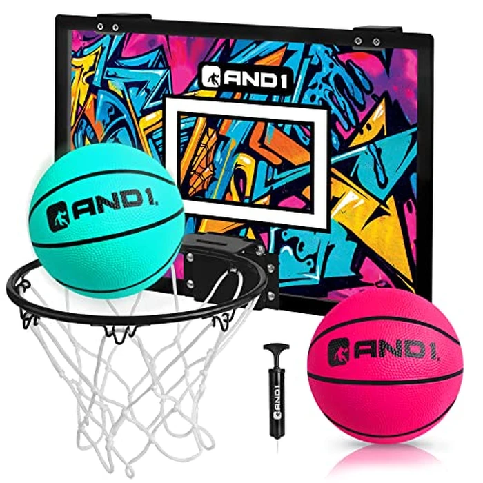 AND1 Over The Door [Mini Basketball] [Hoop]: - 18”x12” Pre-Assembled Portable with Flex Rim, Includes Two Deflated 5” - Teal/Pink (5A1GT0110L0E2) by AND1 - Used - Good condition - CA$42.58