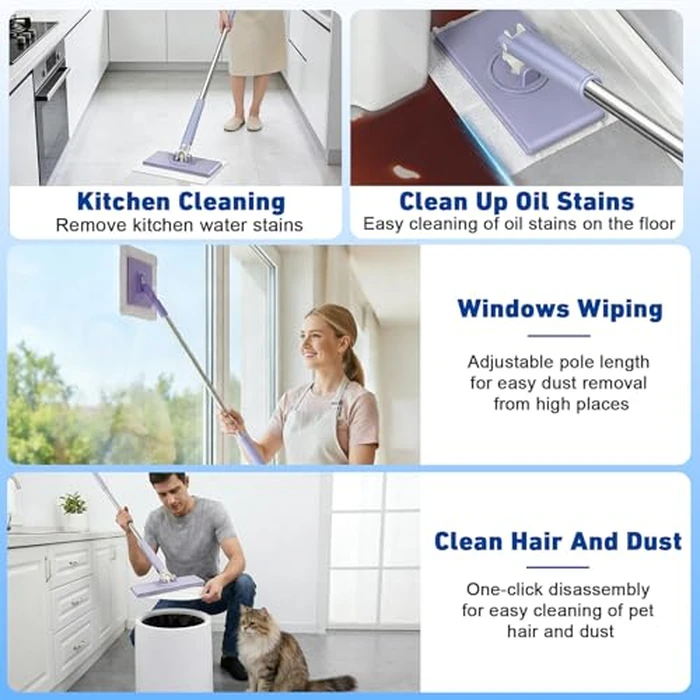 Snap Grip Mini Mop,Cloth Changing Mini Mop,360 Rotating Wet Dry for Whole House Cleaning,Foldable 35inch Retractable Long Handle Mopping Stick (Purple,1*p+6*Cloth) by Elara Craft - Image 2