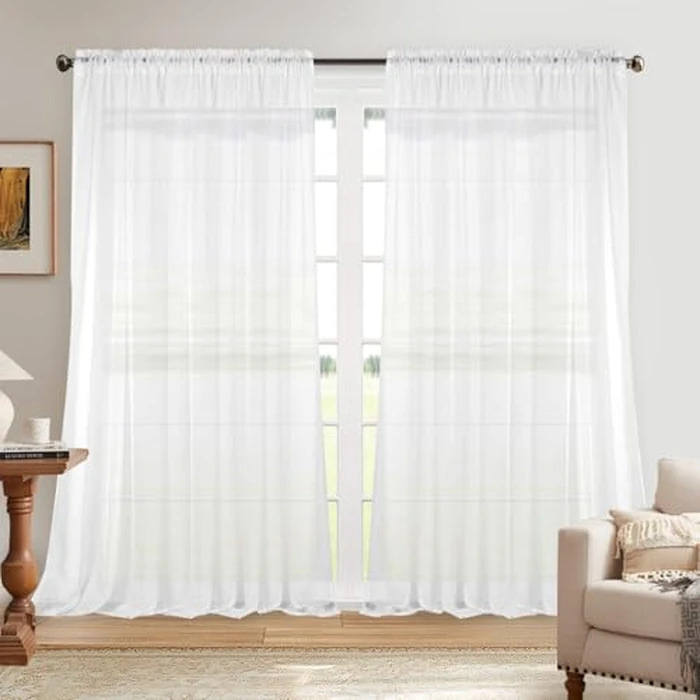 Dreaming Casa Solid Sheer Curtains 84 Inches Long White Rod Pocket Voile Draperies for Bedroom Living Room, 2 Panles, Each 100" W x 84" L by Dreaming Casa - Image 1