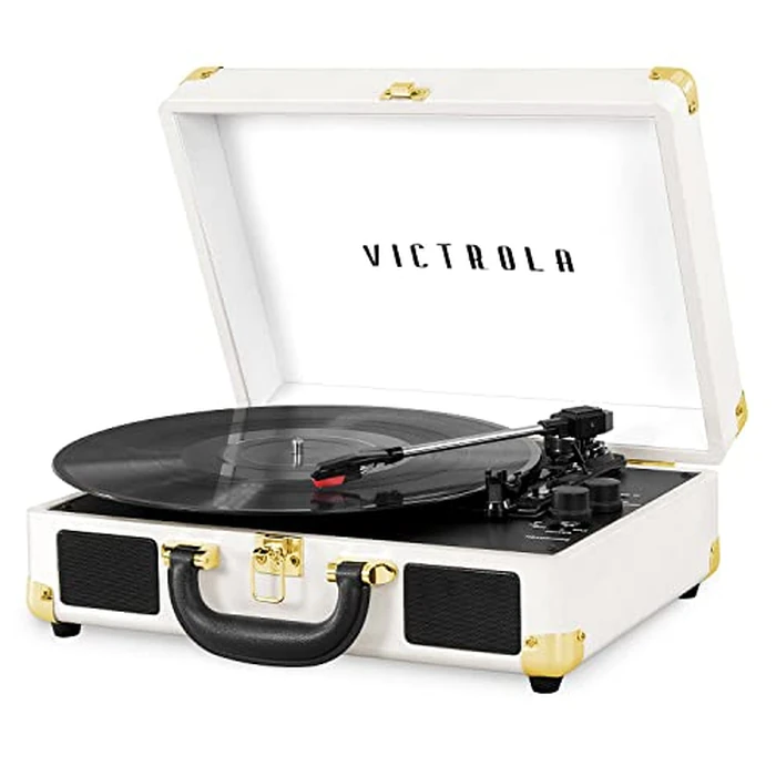 Victrola Journey Bluetooth Portable Suitcase Record Player - with Built-in Speakers, 3 Speed Vinyl Record Player, RCA Out, Headphone Jack (White) by Victrola - Used - Acceptable condition - CA$42.55