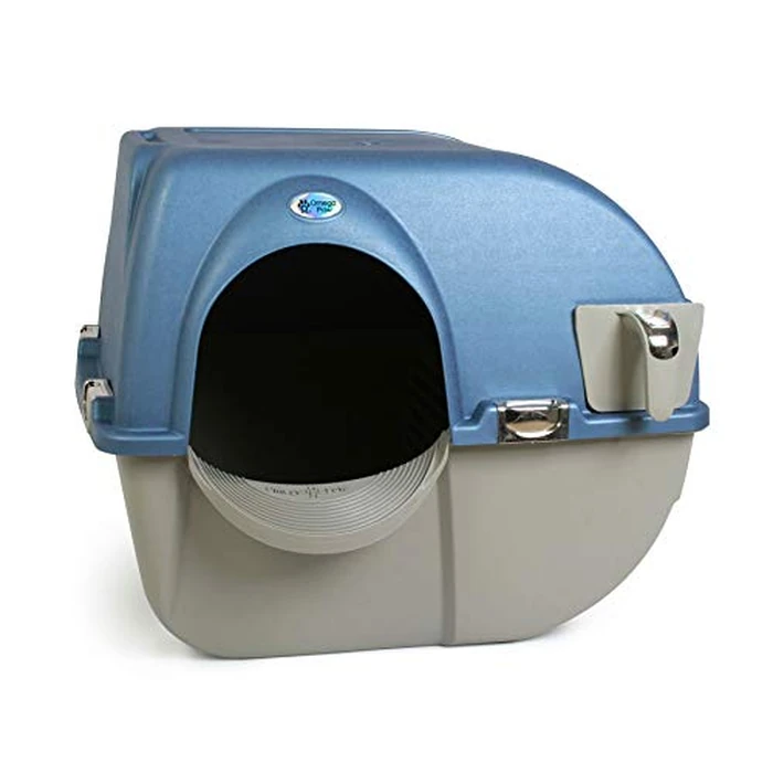 Omega Paw Self Cleaning Cat Litter Box, Premium Roll 'N Clean Litter Box, Regular Size for Kittens and Cats 10 lbs and Under, Blue Color (PR-RA15-1) with Integrated Litter Step and Chrome Accents by Omega Paw - Image 1