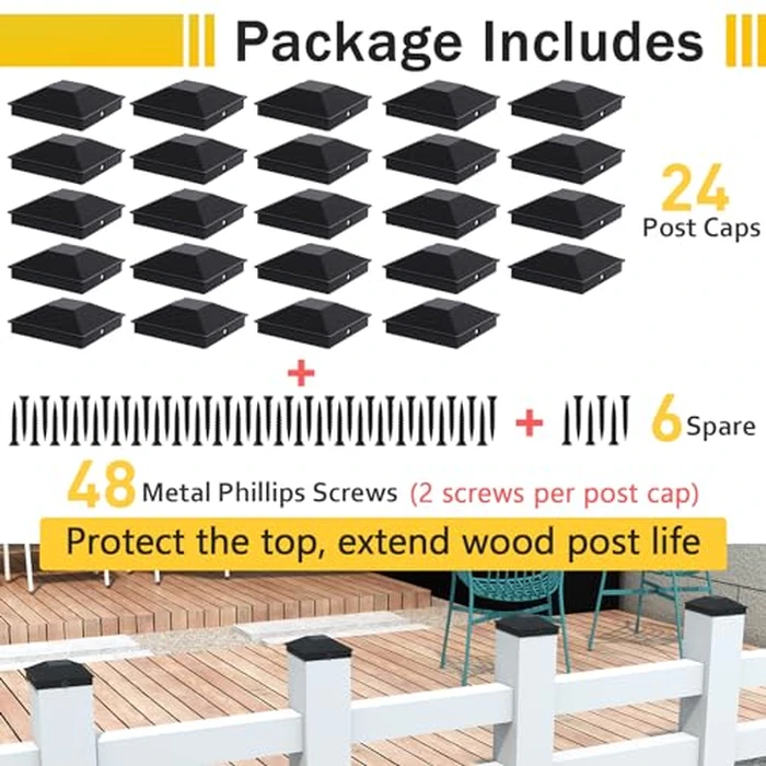 Goovilla 4x4 Post Caps Black(Actual 3.5" x 3.5"), 24 Pack Fence Post Caps with 48 Screws and Easy Installation, Sturdy Waterproof Plastic Deck Post Caps with Frosted Finishing Touch, Protect Wood Post by Goovilla - Image 2