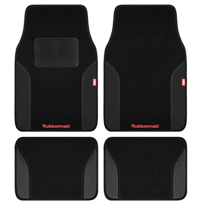 Rubbermaid Car Mats, Carpeted Floor Car Mat with Faux Leather & Built-in Heel Pad, Two-Tone Car Rug Floor Mats, Stylish Carpeted Floor Mats for Cars, Trucks & SUVs Black Color by Rubbermaid - Image 1