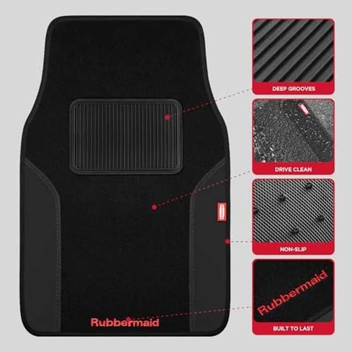 Rubbermaid Car Mats, Carpeted Floor Car Mat with Faux Leather & Built-in Heel Pad, Two-Tone Car Rug Floor Mats, Stylish Carpeted Floor Mats for Cars, Trucks & SUVs Black Color by Rubbermaid - Image 3
