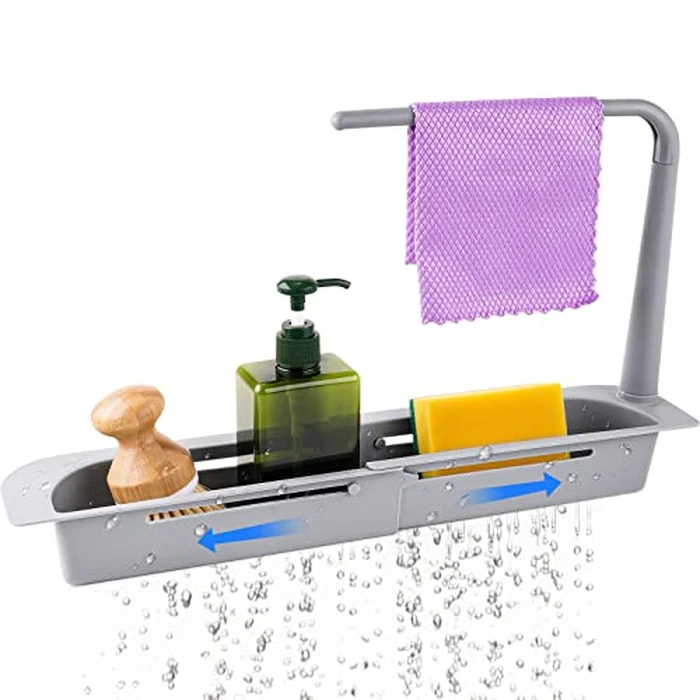 NiHome Telescopic Kitchen Over Sink Organizer with Towel Hanger, Expandable Slim Drain Basket Multifunctional Caddy Adjustable Length Colander Rack Sponge Holder Storage Tray for Home Bathroom (Grey) by NiHome - Used - Very Good condition - US$5.59