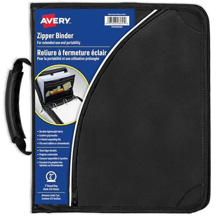 Avery 2" Inch Zipper Binder, 3 Round Rings, Durable Messenger Nylon Zipper Black Binder, Tablet Holder, 6-Pockets with 5 Tab Dividers, Carry-All Storage Binder (26051) by Avery - Used - Acceptable condition - CA$16.77