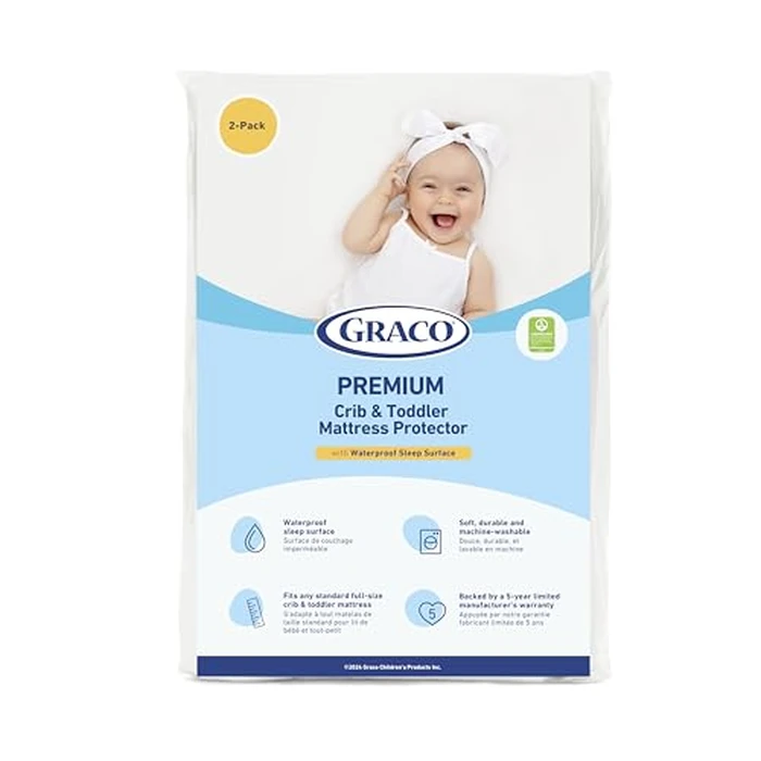 Graco Premium Waterproof Crib and Toddler Mattress Protector (2PK) - GREENGUARD Gold Certified, Machine-Washable & Dryer-Friendly, Waterproof Sleep Surface by Graco - Image 1