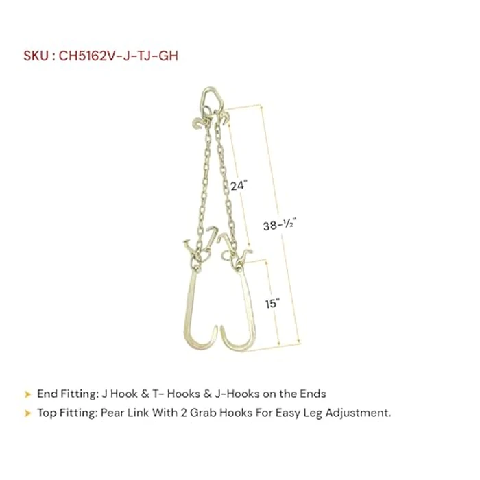 Mytee Products 5/16"x2' Leg Grade 70 V-Chain Bridle Tow w/ 15" Large Shank J Hook, T-J Hook & Grab Hooks for Towing - 4700 LBS WLL Tow Truck Chain Accessories for Flatbed Trailer Wrecker Recovery by Mytee Products - Image 2