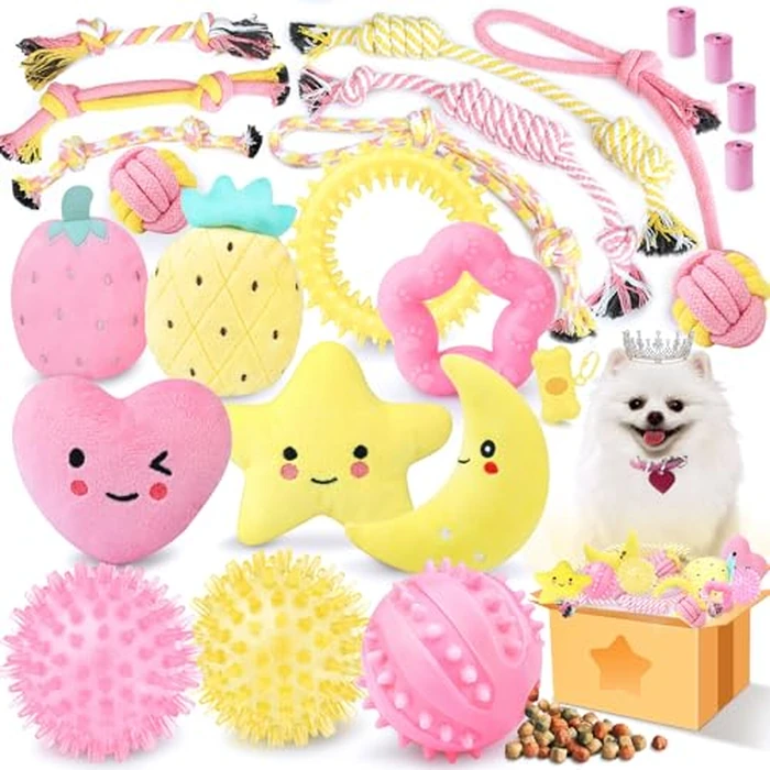XIUGOAL Pink Puppy Toys for Teething - 23 Pack Puppy Chew Toys for Boredom, Interactive Dog Toys for Puppies, Cute Small Dog Toys with Treat Ball, Squeaky Dog Chew Toys and Ropes by XIUGOAL - Image 1