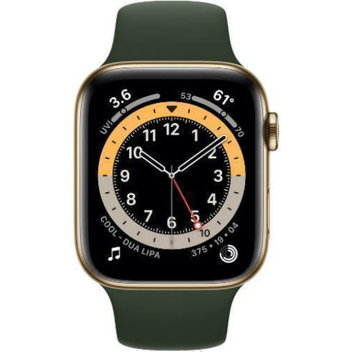 Apple Watch Series 6 (Cellular + GPS) - 32GB - 44mm - Gold Stainless Steel Case with Cyprus Green Rubber Sport Band by Apple - Refurbished - Acceptable condition - US$111.94