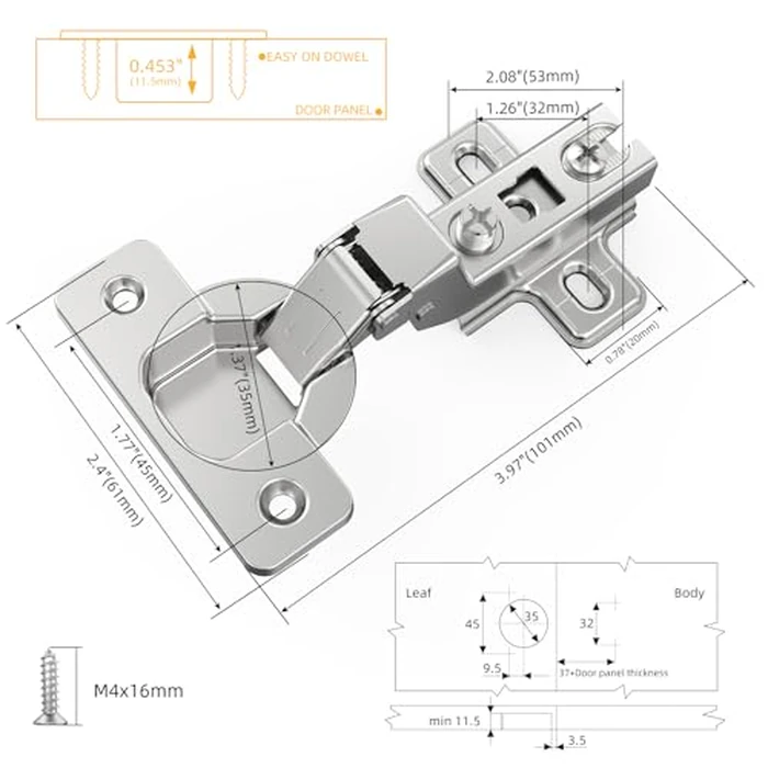 Chibery Euro Style Nickel Nickel Plated Steel Cabinet Hinges, 20 Pack, 105 Degree Opening Angle, Non-Slow Close, Self-Closing, Frameless Concealed, 3D Adjustable, 14-22mm Door Thickness by Chibery - Image 6