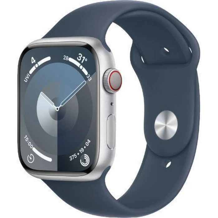 Apple Watch Series 9 (Cellular + GPS) - 64GB - 45mm - Silver Stainless Steel Case with Storm Blue Rubber Sport Band - Small/Medium Size by Apple - Refurbished - Premium condition - US$250.64