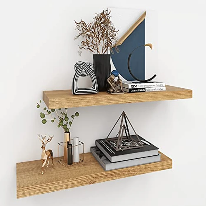 INHABIT UNION Oak Floating Shelves for Wall，24in Wall Mounted Display Ledge Shelves Perfect for Bedroom, Bathroom, Living Room and Kitchen Decoration Storage (Oak,Set of 2) by INHABIT UNION - Used - Acceptable condition - CA$29.44