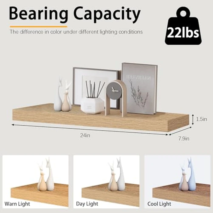INHABIT UNION Oak Floating Shelves for Wall，24in Wall Mounted Display Ledge Shelves Perfect for Bedroom, Bathroom, Living Room and Kitchen Decoration Storage (Oak,Set of 2) by INHABIT UNION - Image 3