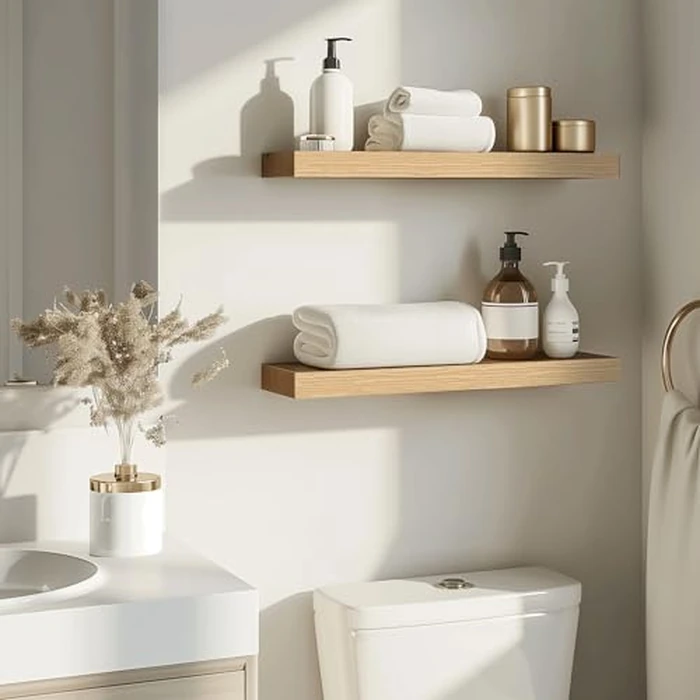 INHABIT UNION Oak Floating Shelves for Wall，24in Wall Mounted Display Ledge Shelves Perfect for Bedroom, Bathroom, Living Room and Kitchen Decoration Storage (Oak,Set of 2) by INHABIT UNION - Image 7