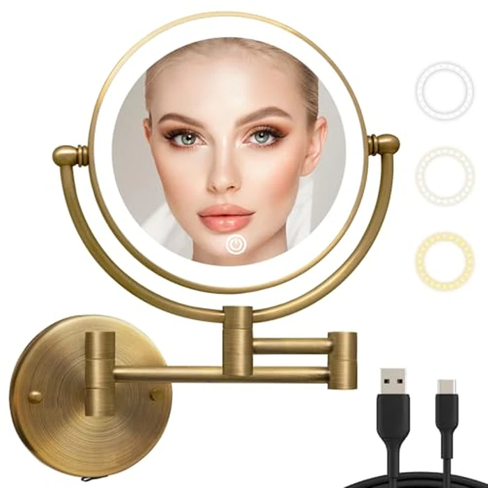LEDOOLE Lighted Makeup Mirror Wall Mounted Extended Arm, 10X Magnification & 3 Color Modes Rechargeable Cordless Bathroom Magnifying Mirror for Personal Care, Easy to Install, Brushed Antique Brass by LEDOOLE - Used - Like New condition - US$88.52