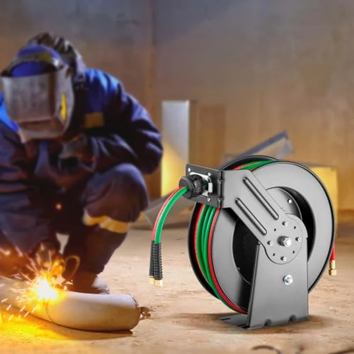 VEVOR Retractable Welding Hose Reel, 1/4-Inch x 50FT Twin Oxygen Acetylene Rubber Hose Max 300PSI - R Grade, Ceiling/Wall Mount Heavy Duty Steel Hose Reel Auto-Rewind, Ideal for Workshops Garages by VEVOR - Used - Very Good condition - CA$151.41