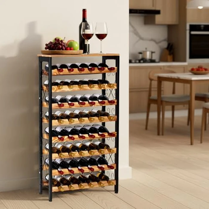 VEVOR 48 Bottle Wine Rack,8-Tier Iron Wine Bottle Holder with Wood Table Top,Freestanding Floor Display Wine Storage Shelves,for Kitchen Pantry, Cellar, Bar, Dining Room,26''L X 9.3''W X 46.9''H by VEVOR - Image 2