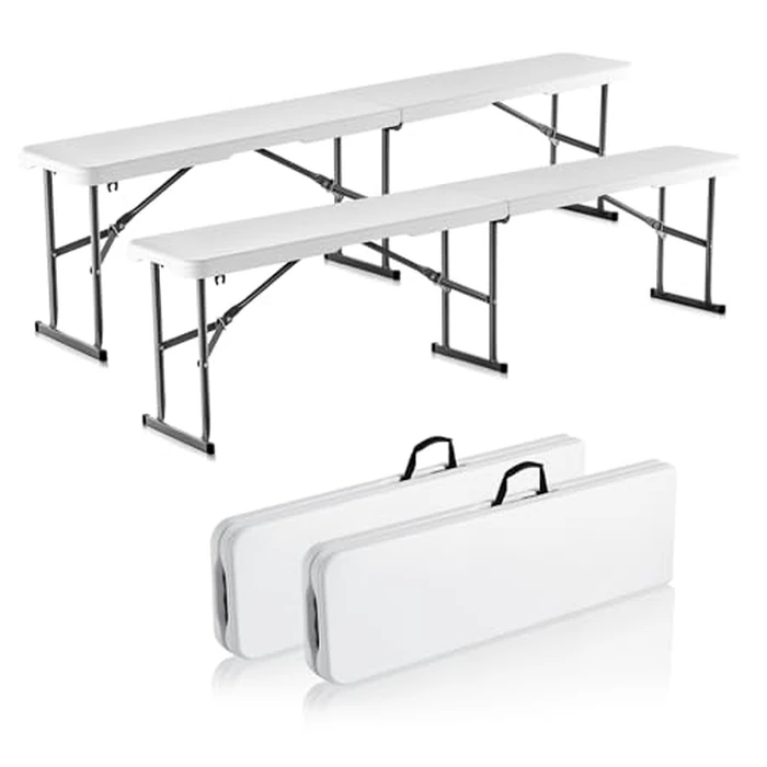 VEVOR Plastic Folding Bench, 6 FT Portable Folding Bench, Smooth HDPE Waterproof Outdoor Bench, Picnic Camping Dining Seat with Carrying Handle, for Garden Soccer Entertaining Activity, White (2 Pack) by VEVOR - Used - Very Good condition - CA$93.95