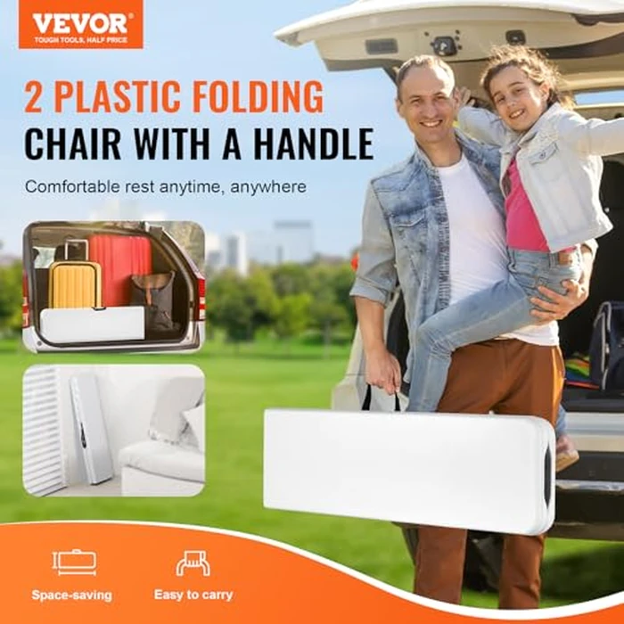 VEVOR Plastic Folding Bench, 6 FT Portable Folding Bench, Smooth HDPE Waterproof Outdoor Bench, Picnic Camping Dining Seat with Carrying Handle, for Garden Soccer Entertaining Activity, White (2 Pack) by VEVOR - Image 2