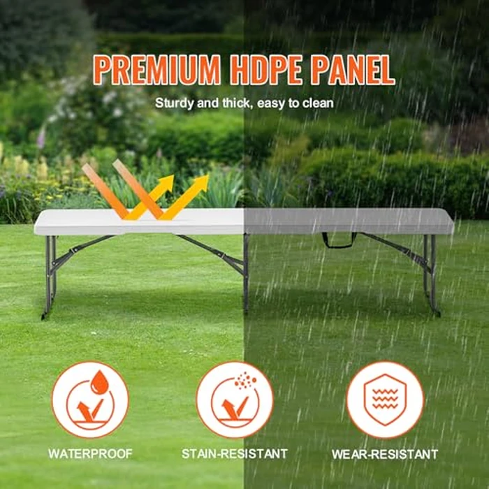 VEVOR Plastic Folding Bench, 6 FT Portable Folding Bench, Smooth HDPE Waterproof Outdoor Bench, Picnic Camping Dining Seat with Carrying Handle, for Garden Soccer Entertaining Activity, White (2 Pack) by VEVOR - Image 3