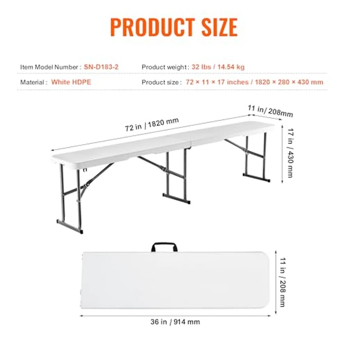 VEVOR Plastic Folding Bench, 6 FT Portable Folding Bench, Smooth HDPE Waterproof Outdoor Bench, Picnic Camping Dining Seat with Carrying Handle, for Garden Soccer Entertaining Activity, White (2 Pack) by VEVOR - Image 7