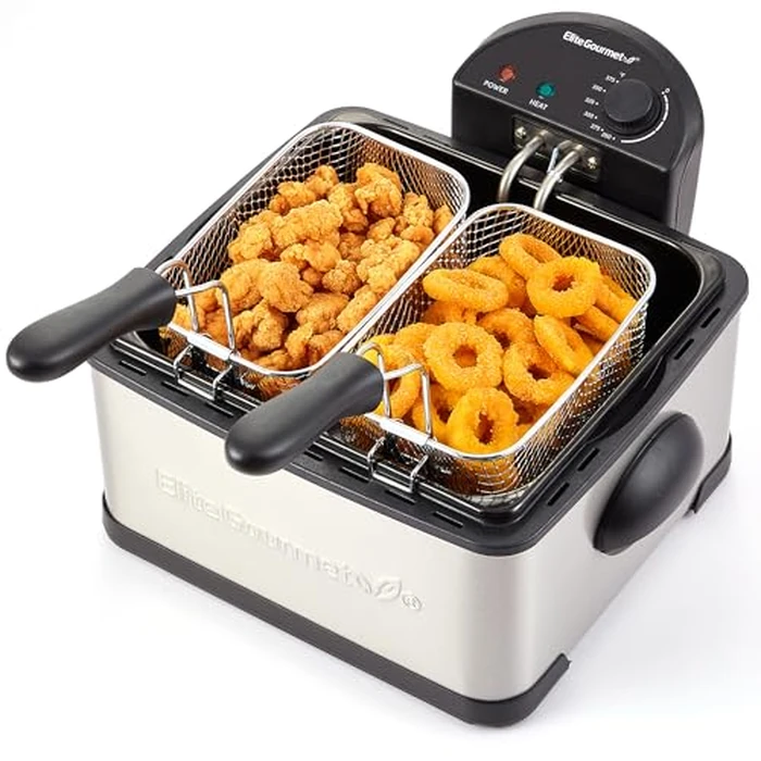 Elite Gourmet Electric Deep Fryer, 4.5 Qt Total Oil Capacity (Dual 2-Qt Split Baskets), 1700 Watts, Stainless Steel, Separates Foods for Simultaneous Cooking, Stainless Steel by Elite Gourmet - Used - Acceptable condition