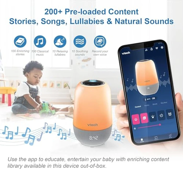 VTech BC8313 V-Hush Soothing Sleep Trainer with 200+ Stories/Songs/Sounds & Sleep Program. Portable Bluetooth HD Speaker, Multi-Color NightLight, Ceiling Projector & Record Your own Voice by VTech - Image 2