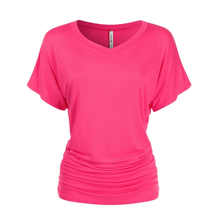 danibe Women's Short Sleeve V-Neck Casual Dolman Top with Side Shirring Fuchsia L by danibe - Used - Like New condition