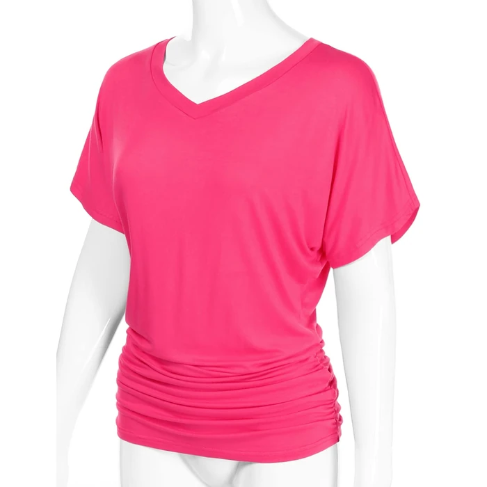 danibe Women's Short Sleeve V-Neck Casual Dolman Top with Side Shirring Fuchsia L by danibe - Image 2