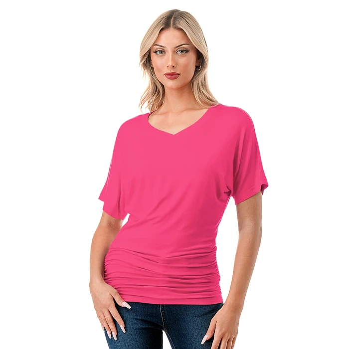 danibe Women's Short Sleeve V-Neck Casual Dolman Top with Side Shirring Fuchsia L by danibe - Image 5