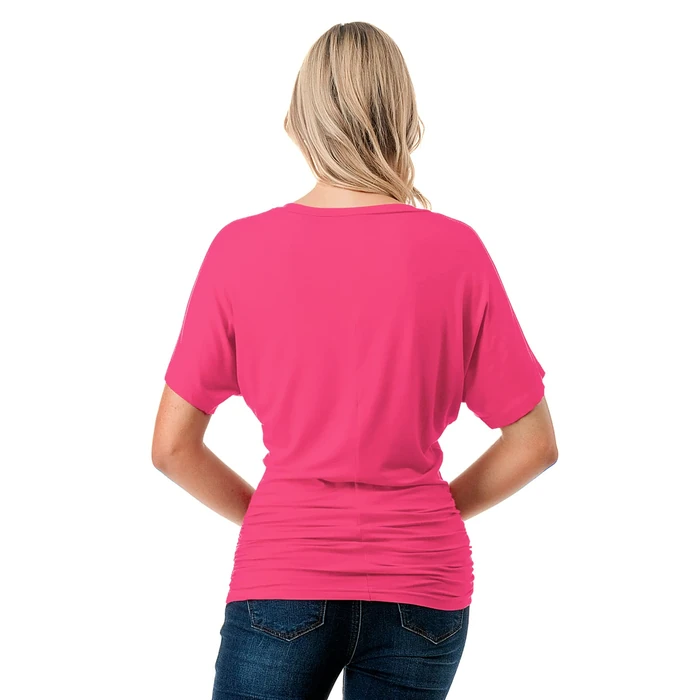 danibe Women's Short Sleeve V-Neck Casual Dolman Top with Side Shirring Fuchsia L by danibe - Image 7