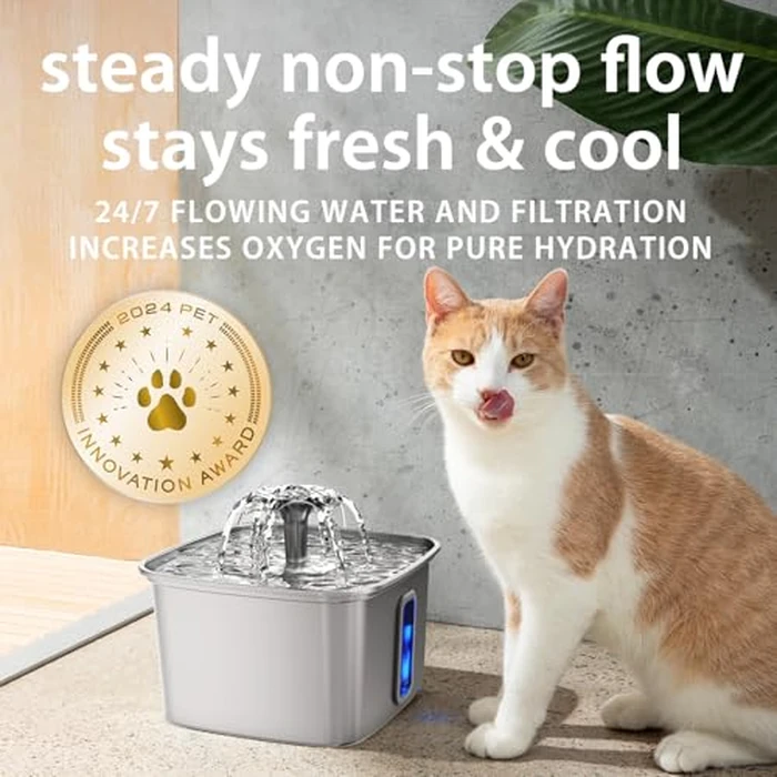 Veken Innovation Award Winner Stainless Steel Cat Water Fountain, 108oz/3.2L Automatic Pet Fountain Dog Water Dispenser with 3 Replacement Filters & Silicone Mat, Gifts for Cats, Dogs (Silver) by Veken - Image 4