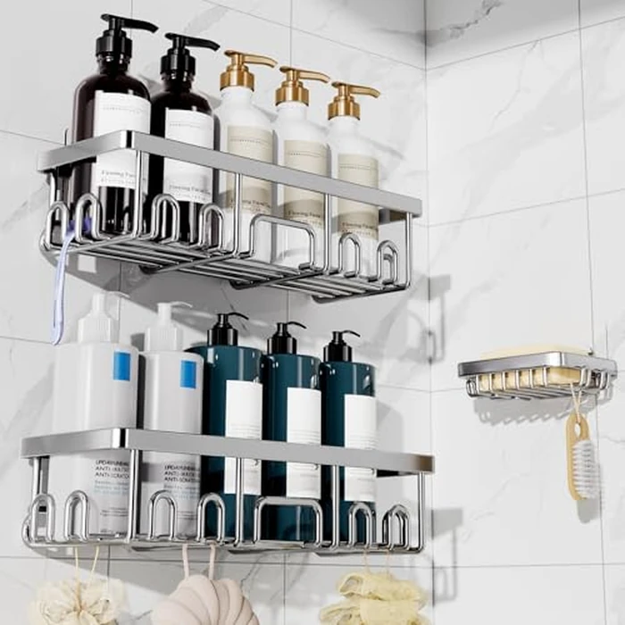 Veken Large Capacity Shower Caddy 3-Pack, No Drilling Adhesive Rack with Soap Holder, Rustproof & Waterproof Shelves, Bathroom Organizers and Storage, Wall-Mounted Kitchen & Home Decor, Silver by Veken - Used - Acceptable condition - CA$16.79