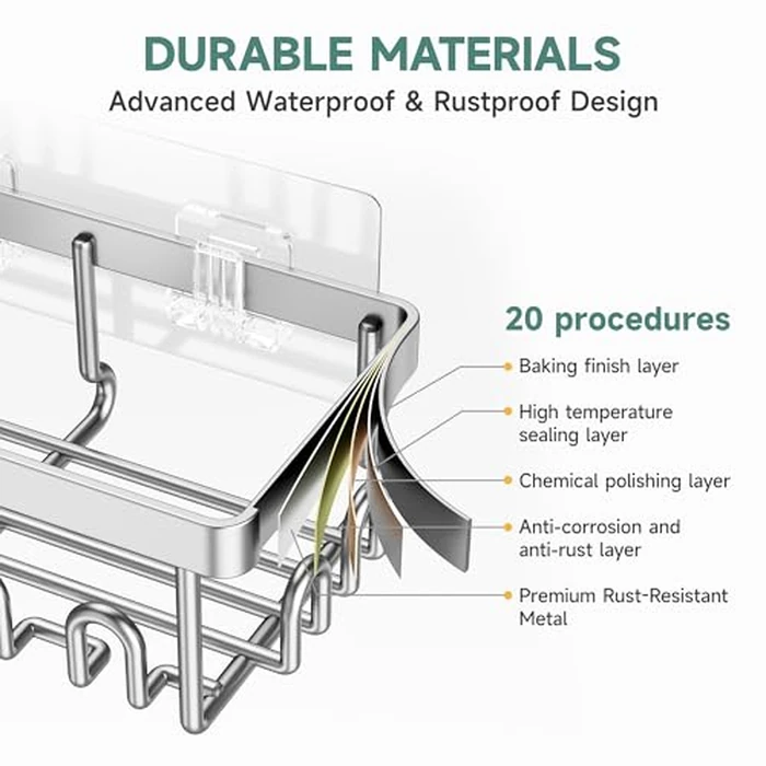 Veken Large Capacity Shower Caddy 3-Pack, No Drilling Adhesive Rack with Soap Holder, Rustproof & Waterproof Shelves, Bathroom Organizers and Storage, Wall-Mounted Kitchen & Home Decor, Silver by Veken - Image 4