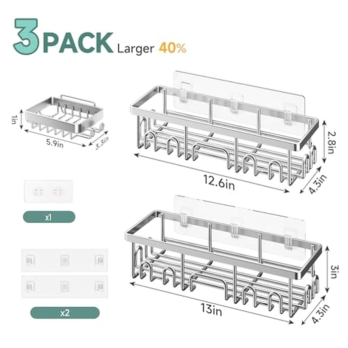 Veken Large Capacity Shower Caddy 3-Pack, No Drilling Adhesive Rack with Soap Holder, Rustproof & Waterproof Shelves, Bathroom Organizers and Storage, Wall-Mounted Kitchen & Home Decor, Silver by Veken - Image 8