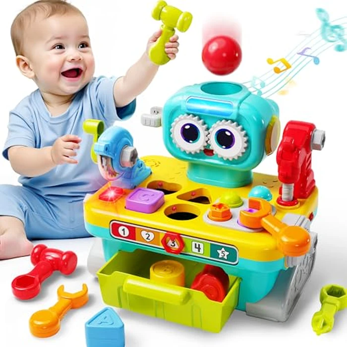 iPlay, iLearn Toddler Musical Workbench Toys for One Year Old Boys, Baby Pretend Play Tool Set, Infant Shape Sorter Activities, Kids Pounding Game, 1st Birthday Gift for 12 18 24 Month Girls Age 1 2 3 by iPlay, iLearn - Used - Very Good condition - US$28.21