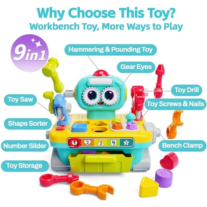 iPlay, iLearn Toddler Musical Workbench Toys for One Year Old Boys, Baby Pretend Play Tool Set, Infant Shape Sorter Activities, Kids Pounding Game, 1st Birthday Gift for 12 18 24 Month Girls Age 1 2 3 by iPlay, iLearn - Image 2