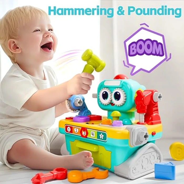 iPlay, iLearn Toddler Musical Workbench Toys for One Year Old Boys, Baby Pretend Play Tool Set, Infant Shape Sorter Activities, Kids Pounding Game, 1st Birthday Gift for 12 18 24 Month Girls Age 1 2 3 by iPlay, iLearn - Image 3