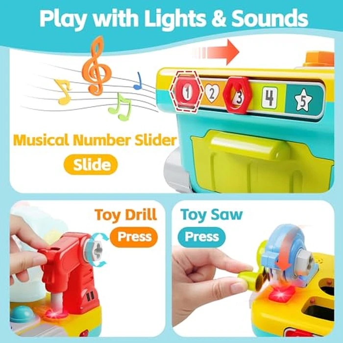 iPlay, iLearn Toddler Musical Workbench Toys for One Year Old Boys, Baby Pretend Play Tool Set, Infant Shape Sorter Activities, Kids Pounding Game, 1st Birthday Gift for 12 18 24 Month Girls Age 1 2 3 by iPlay, iLearn - Image 4