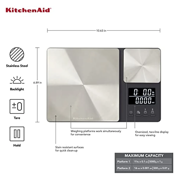 KitchenAid KQ909 Dual Platform Digital Kitchen and Food Scale, 11 pound capacity and Precision 16oz capacity, Black with Stainless Steel by KitchenAid - Image 4