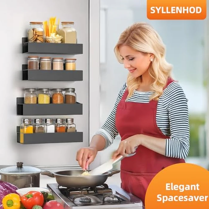 SYLLENHOD Spice Rack Wall Mount: 4 Packs Oversize Pantry Organization And Storage Rack Without Drilling - 11.8 Inch Black Large Adhesive Hanging Kitchen Spice Racks for Smooth Wall - Seasoning Rack by SYLLENHOD - Image 2