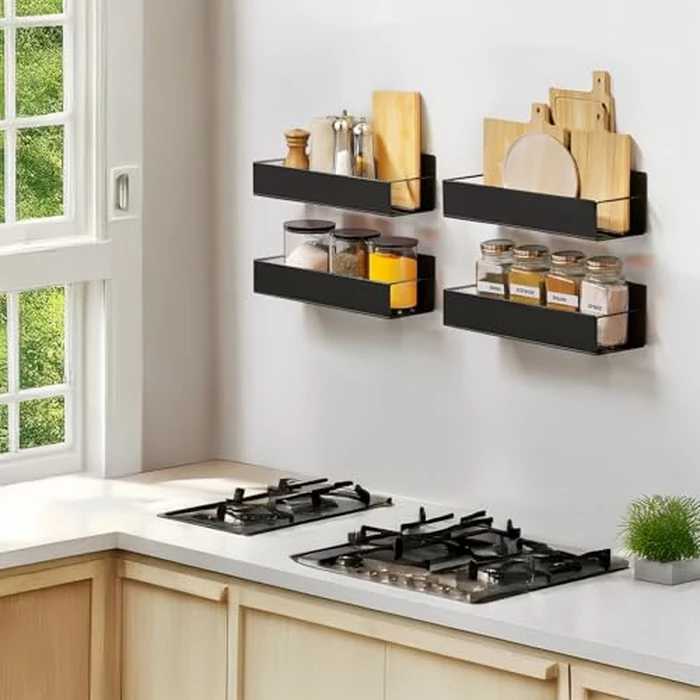 SYLLENHOD Spice Rack Wall Mount: 4 Packs Oversize Pantry Organization And Storage Rack Without Drilling - 11.8 Inch Black Large Adhesive Hanging Kitchen Spice Racks for Smooth Wall - Seasoning Rack by SYLLENHOD - Image 3