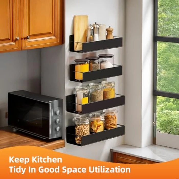 SYLLENHOD Spice Rack Wall Mount: 4 Packs Oversize Pantry Organization And Storage Rack Without Drilling - 11.8 Inch Black Large Adhesive Hanging Kitchen Spice Racks for Smooth Wall - Seasoning Rack by SYLLENHOD - Image 4