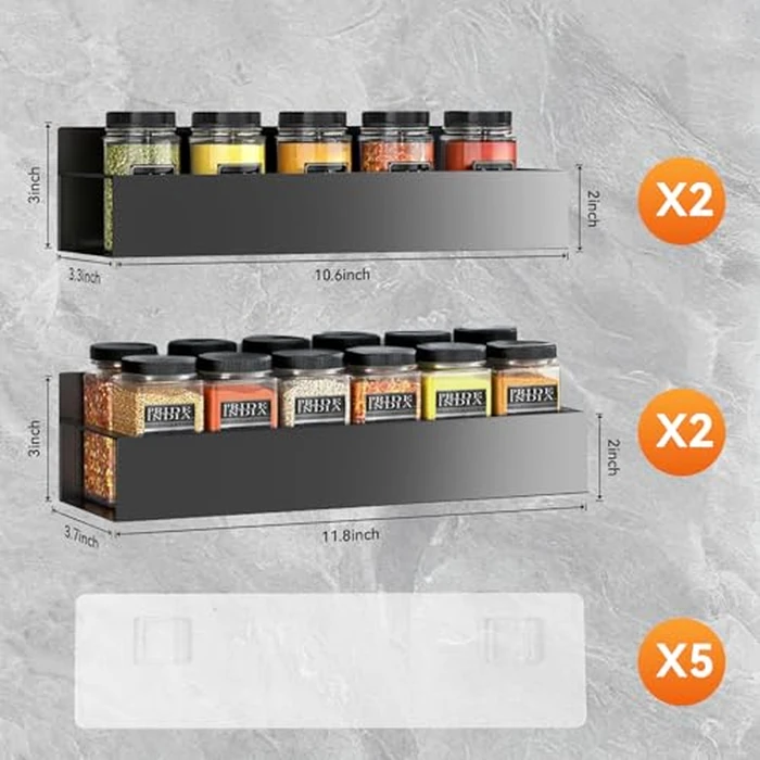 SYLLENHOD Spice Rack Wall Mount: 4 Packs Oversize Pantry Organization And Storage Rack Without Drilling - 11.8 Inch Black Large Adhesive Hanging Kitchen Spice Racks for Smooth Wall - Seasoning Rack by SYLLENHOD - Image 6