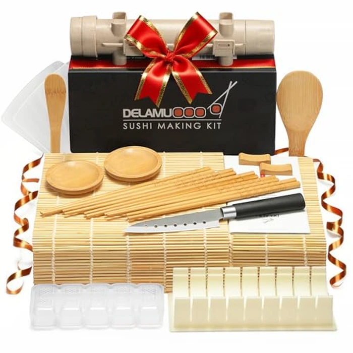 Delamu Sushi Making Kit, 20 in 1 Bazooka Roller Kit with Chef’s Knife, Bamboo Mats, Rice Mold, Temaki Sushi Mats, Rice Paddle, Spreader, Chopsticks, Sauce Dishes, Guide Book by Delamu - Image 1
