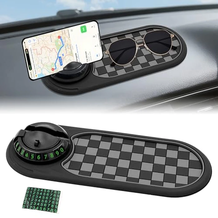 Multifunction Car Anti-Slip Mat Auto Phone Holder, Rotatable Car Anti Slip Mat Phone Holder with Temporary Parking Number, Universal Dashboard Sticky Pad for Phone Glasses Keys (Black) by Roucerlin - Used - Acceptable condition