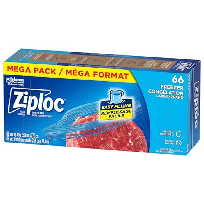 Ziploc Large Freezer Bags, Prevents Freezer Burn, Microwave & Freezer Safe, New Stay-Open Design, Stand-Up Bottom, BPA Free, 66 Count by Ziploc - Used - Very Good condition